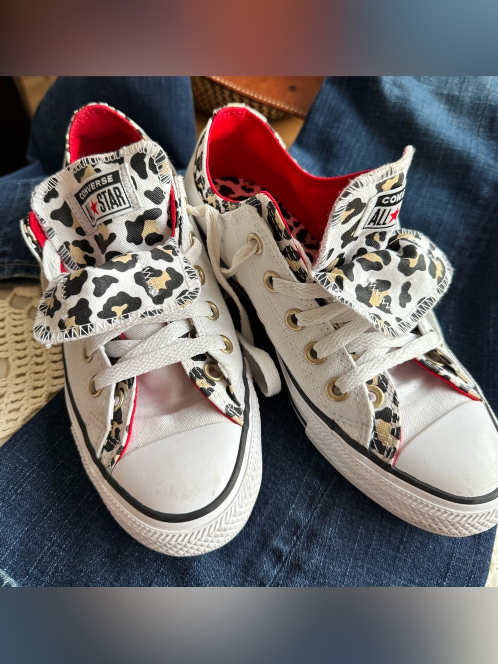 Women’s White Leopard Print Low Top Converse with Red Lining